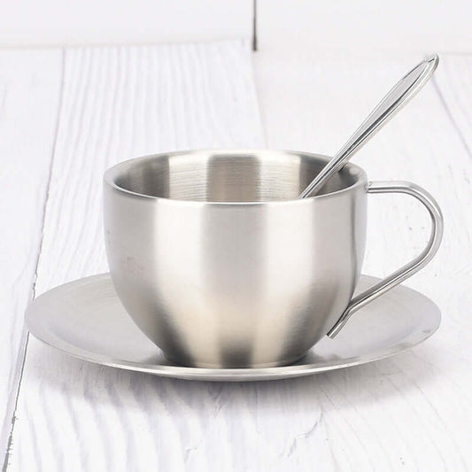 Gorgeous 304 Stainless Steel Coffee Cups 3pc. SET - Double-deck Thermal Insulation, Mug-Plate-Spoon ☕️