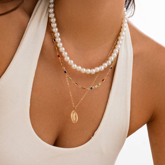 Chic Fashion Imitation Pearl Beaded Three-layer Necklace - Giftable Pearl + Crystal + Copper & Charm 💝