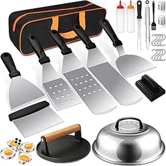 Incredible 29 pc. PRO Grade Stainless Steel BBQ Tools Set w/ Burger Press, Spatula, Egg Ring, & Much More !