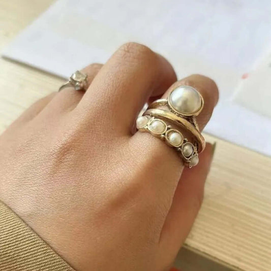 Gorgeous Alloy Three-Layered Open Pearl Ring - Gold, Silver, Blue, & Rhinestone