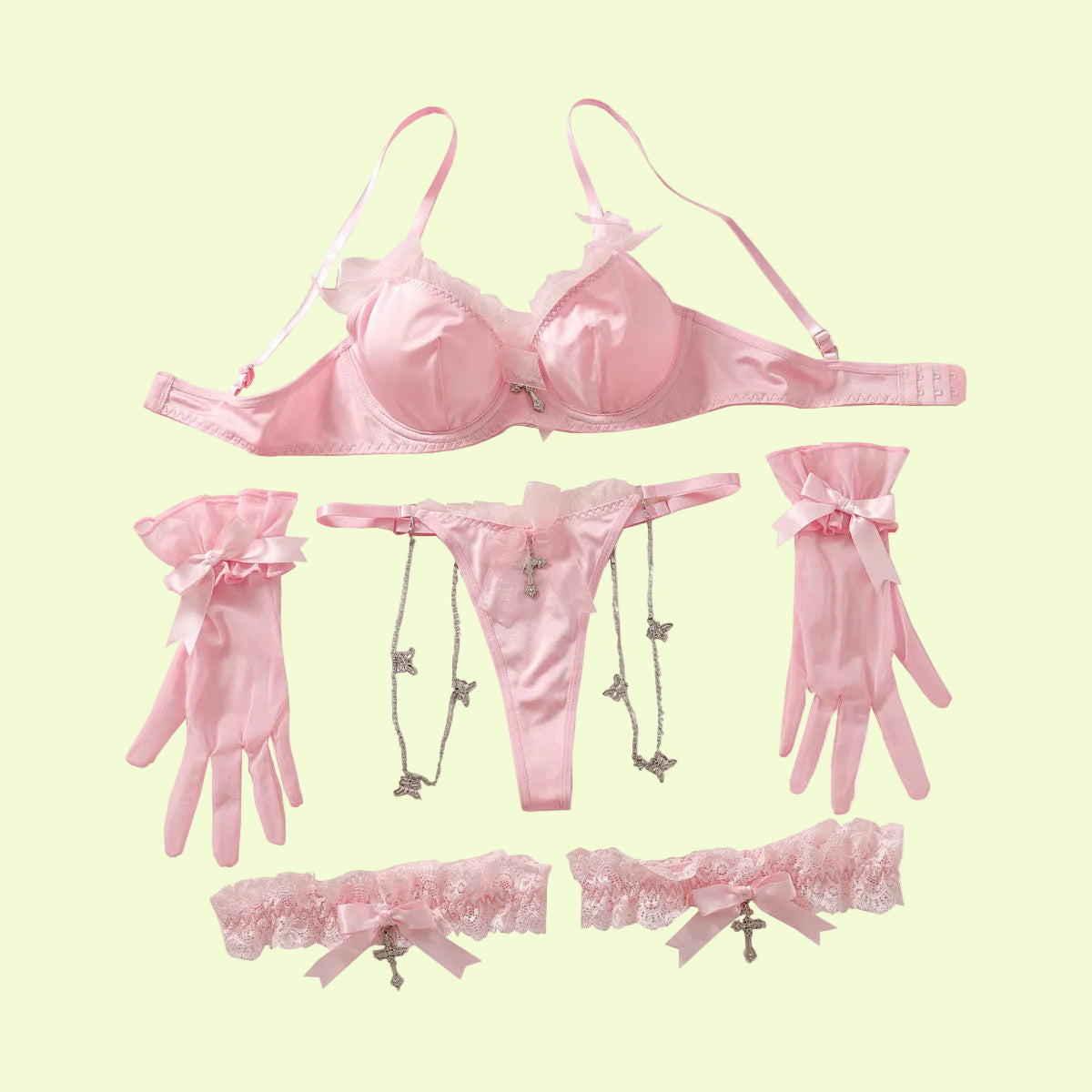 Tempting Pink Bow Lingerie | Elegant Lace 4-Pc Set