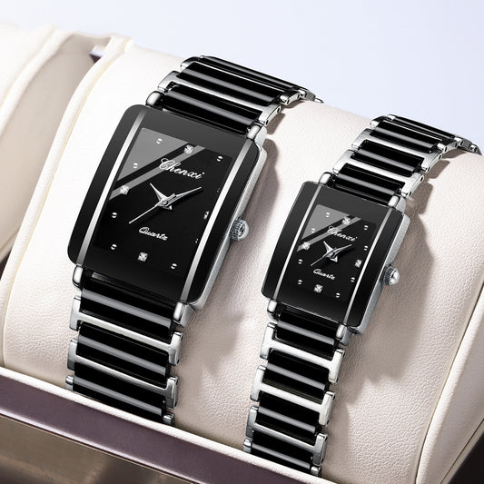 Gorgeous Square Couples Watches - Ceramic Quartz Reinforced Glass, Waterproof, in Gold, Silver, Black ⌚️