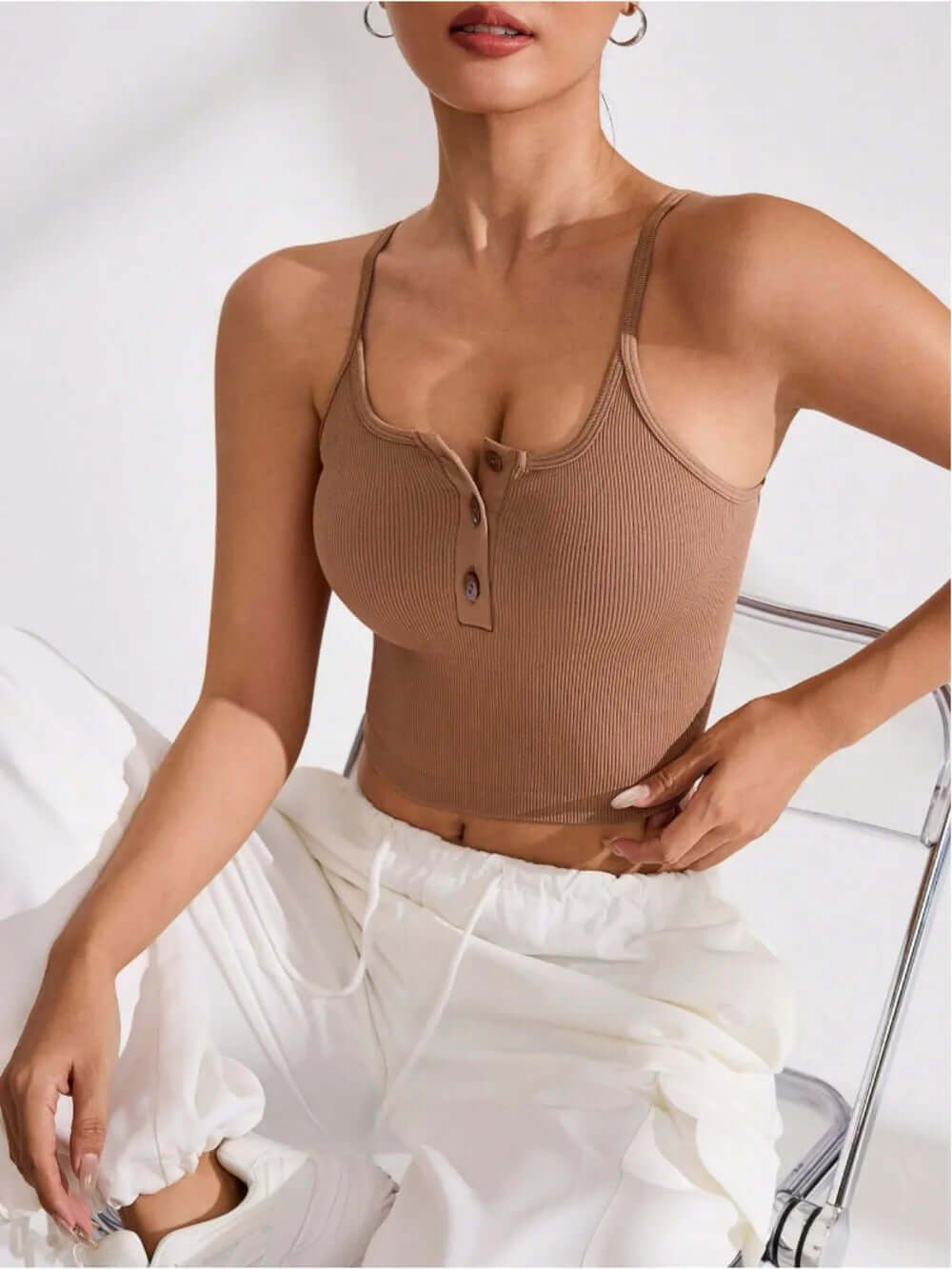 Women's Sporty Fashion Ribbed Half Button Cropped Active Cami