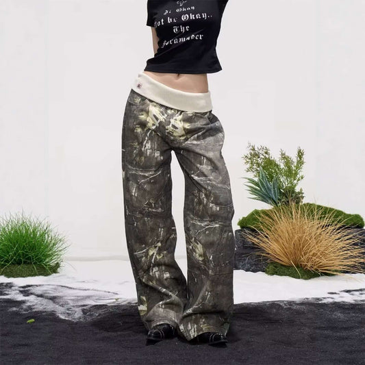Sexy & Popular Ribbed Waistband Leaf Camouflage Wide-Leg Jeans for Women