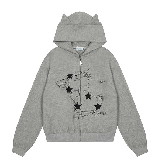 Warm Retro Lazy Kitten Embroidered Hooded Jacket with Kitty Ears 😺