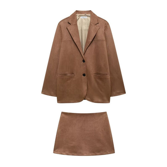 Women's Fashionable Business Casual Suit - Suede Leather Jacket and Short Skirt Set with Buttons & Pockets