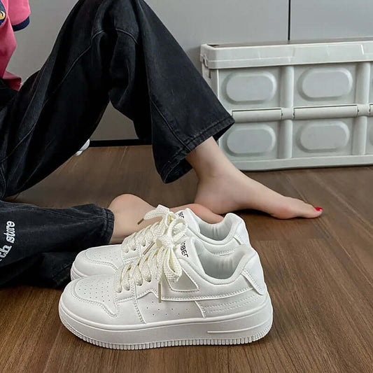 Unisex Durable Solid White Sneakers - Popular Lace Up Round Toe Platform Style