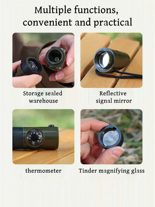 Smart 7 in 1 Survival Whistle Tool - Hiking Whistle, Compass, Mirror, Flashlight, Magnifier LED Light, Thermometer & Storage