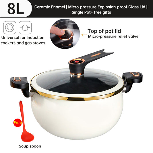 Large Black or White Modern 7L Enameled Cast Iron Soup Pot with Spoon – Heavy-Duty Pressure-Assist Stewing Pot