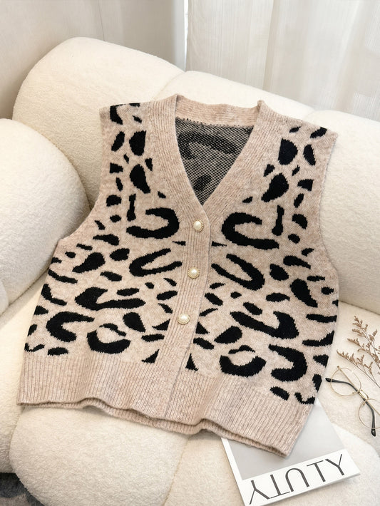 Leopard V Neck Cardigan | Pearl Button Loose Knit Vest