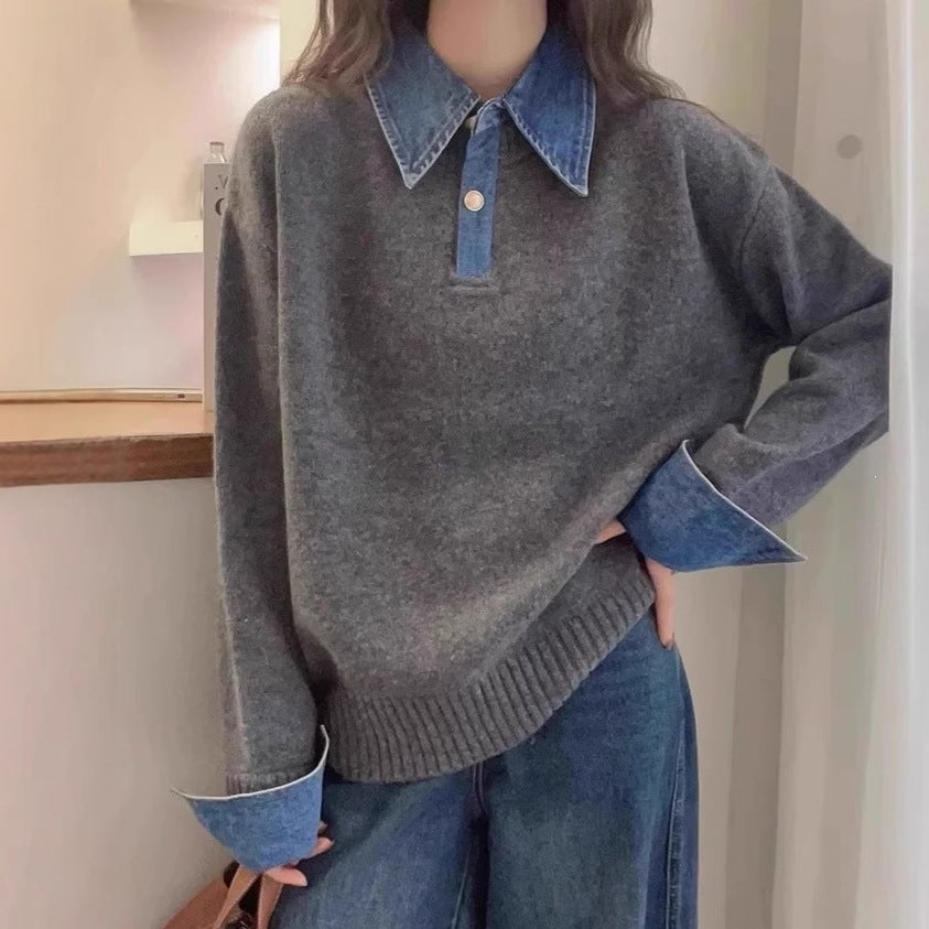 Unique Color Block Denim Patchwork Polo Sweater 😎