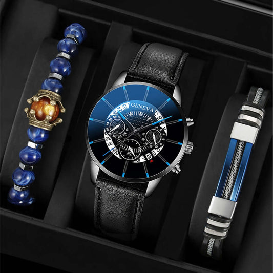 Men's GIFTABLE 🎁 Sleek Business Watch with Calendar & Three-Eye Design - Quartz Watch & Trendy Bracelet SET