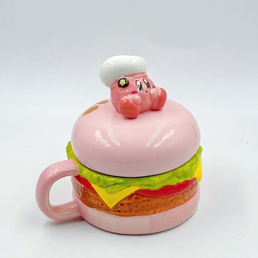 Cute Pink Madou Cartoon Chef Star Ceramic Mug with Lid - Burger & Cheese Options Also Available ☕️