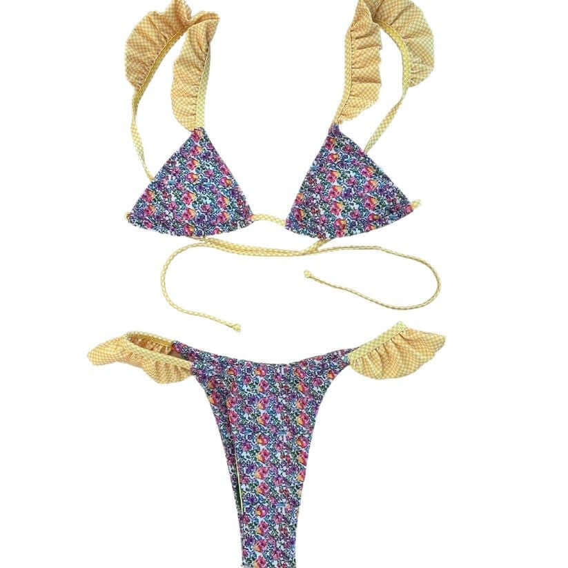 Sultry Bikini 👙 Swimsuit - Women's Sexy Floral Thong Ruffled Edges Strap Bikini