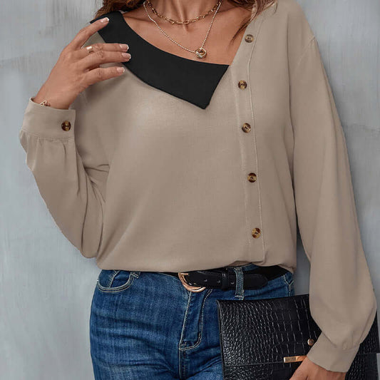 Women's Fall Fashion V-neck Long Sleeve Casual Shirt - Stylish Button Pattern, Set the Tone for Fall ! 🍁