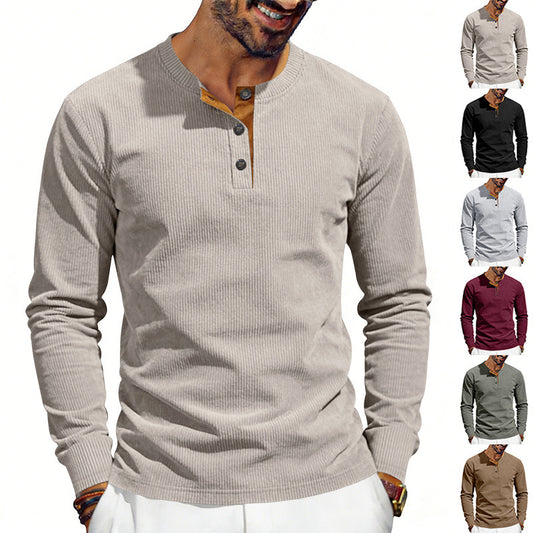 Men's Henley Loose-Fit Corduroy Shirt - Vintage Long Sleeve Casual Versatile Top