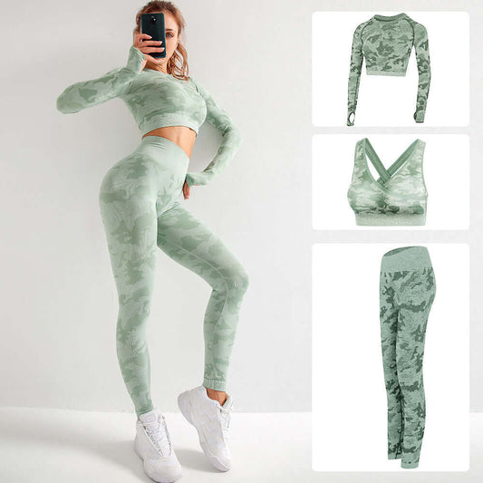 Women's Popular Camouflage 3-piece Yoga Set - Shirt, Sports Bra, Leggings