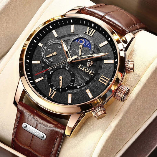 Lige Beautiful Quartz Watch - Multifunction Chronograph Waterproof w/ Luminous Night Display