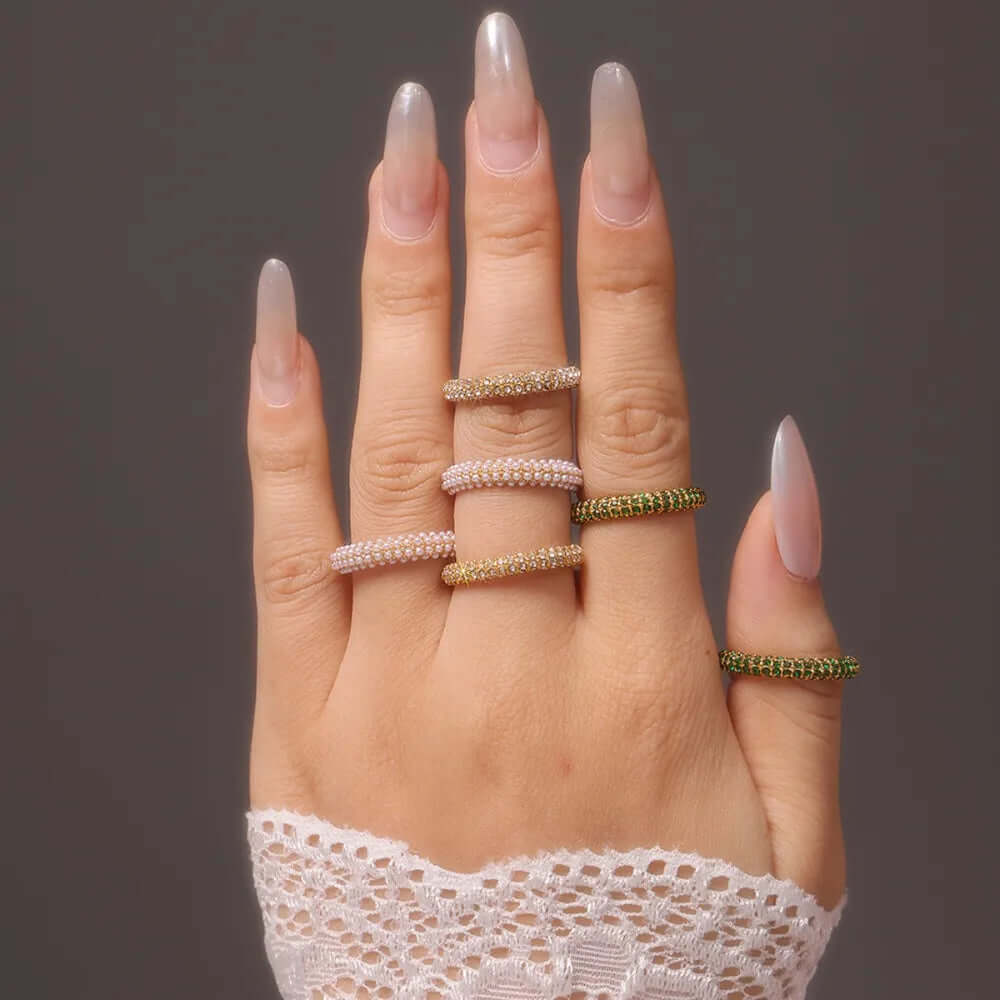 Zircon Light Luxury Finger Ring Stainless Steel - White or Dark Green Stones