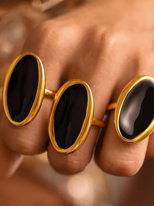 Women's Unique Design Elliptical Open Ring - Gold or Silver with Large Black Stone
