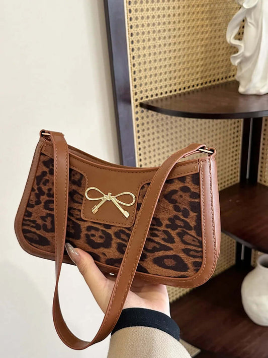 Chic Petite Leopard Print PU Leather Shoulder Handbag with Cute Bow 🤩