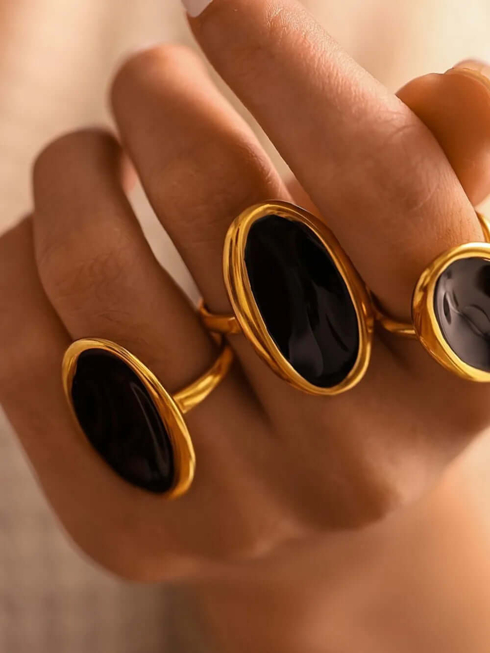 Unique Design Elliptical Open Ring - Gold or Silver with Black Stone