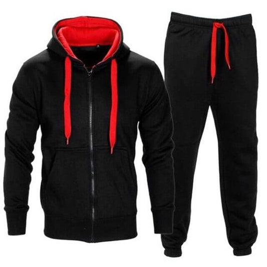 Men's Sporty Casual Solid Tracksuit - Hooded Zipper Jacket + Sweatpants