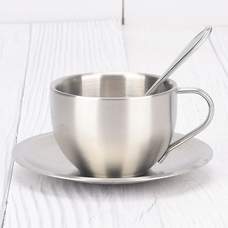 Gorgeous 304 Stainless Steel Coffee Cups 3pc. SET -  Double-deck Thermal Insulation, Mug-Plate-Spoon ☕️