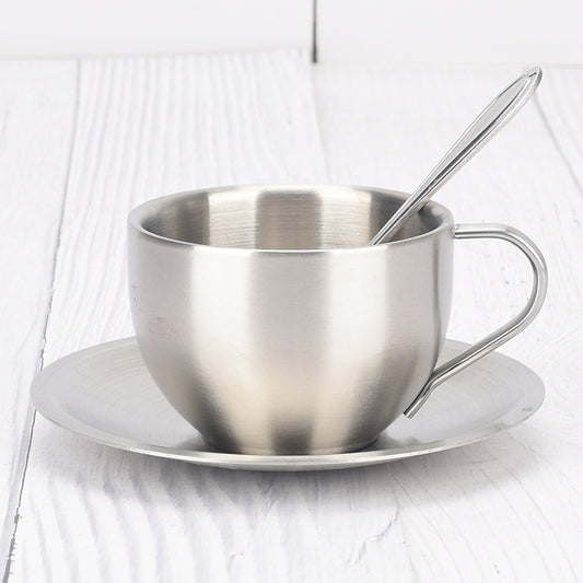 Gorgeous 304 Stainless Steel Coffee Cups 3pc. SET -  Double-deck Thermal Insulation, Mug-Plate-Spoon