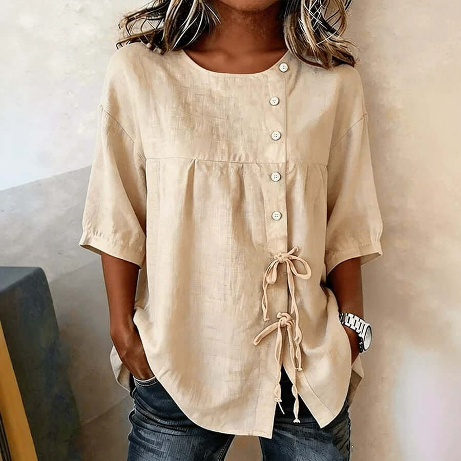 Women's Gorgeous Casual Loose-Fit Shirt with Ties & Button Closure, Round Neck, Mid-Sleeve 🤩