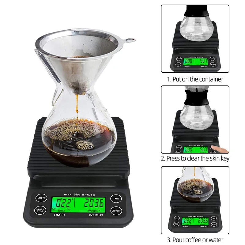 Digital Kitchen Coffee Scale - High Precision LCD - 3kg Capacity, 0.1g Precision, Tare Weight + Timer ⏰️