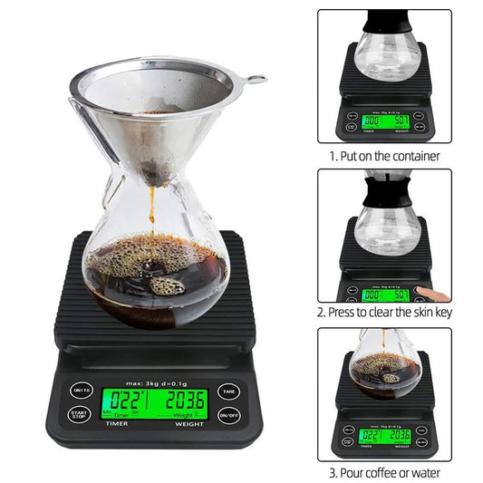 Digital Kitchen Coffee Scale - High Precision LCD - 3kg Capacity, 0.1g Precision, Tare Weight + Timer ⏰️