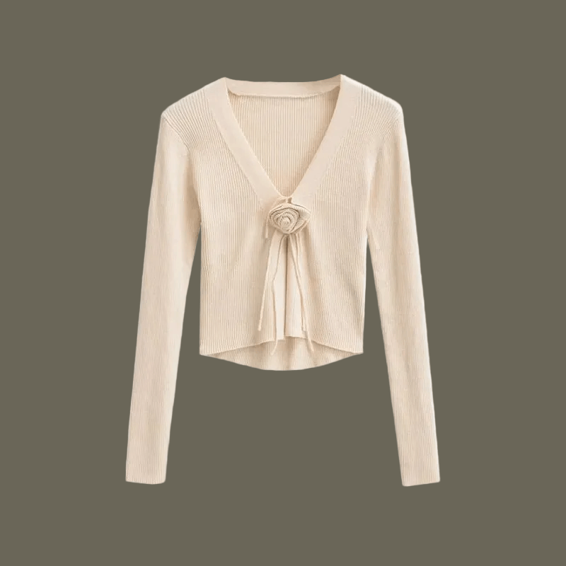 Chic Fashion Slim-fit V-neck Long Sleeve Sweater - Cute Rose Knot 🌹Bow Tie Front in 7 Color Options 🌈