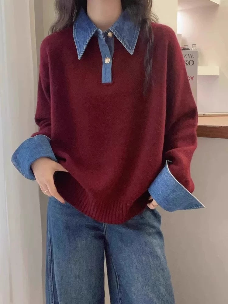 Unique Color Block Denim Patchwork Polo Sweater 😎