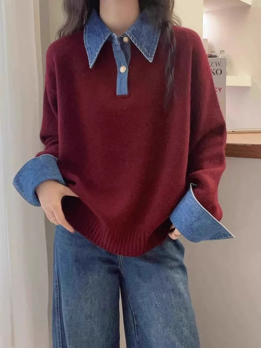 Unique Color Block Denim Patchwork Polo Sweater 😎