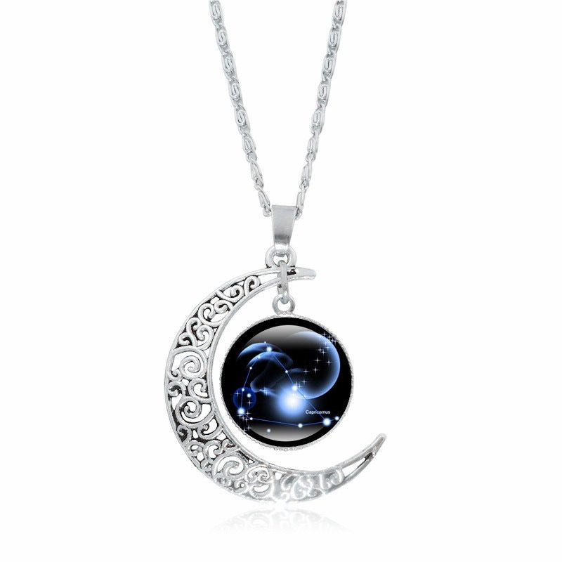 Gorgeous Zodiac Time Gem Luminous Necklace for Women - Simple Silver Moon Pendant Choker Giftable 💝