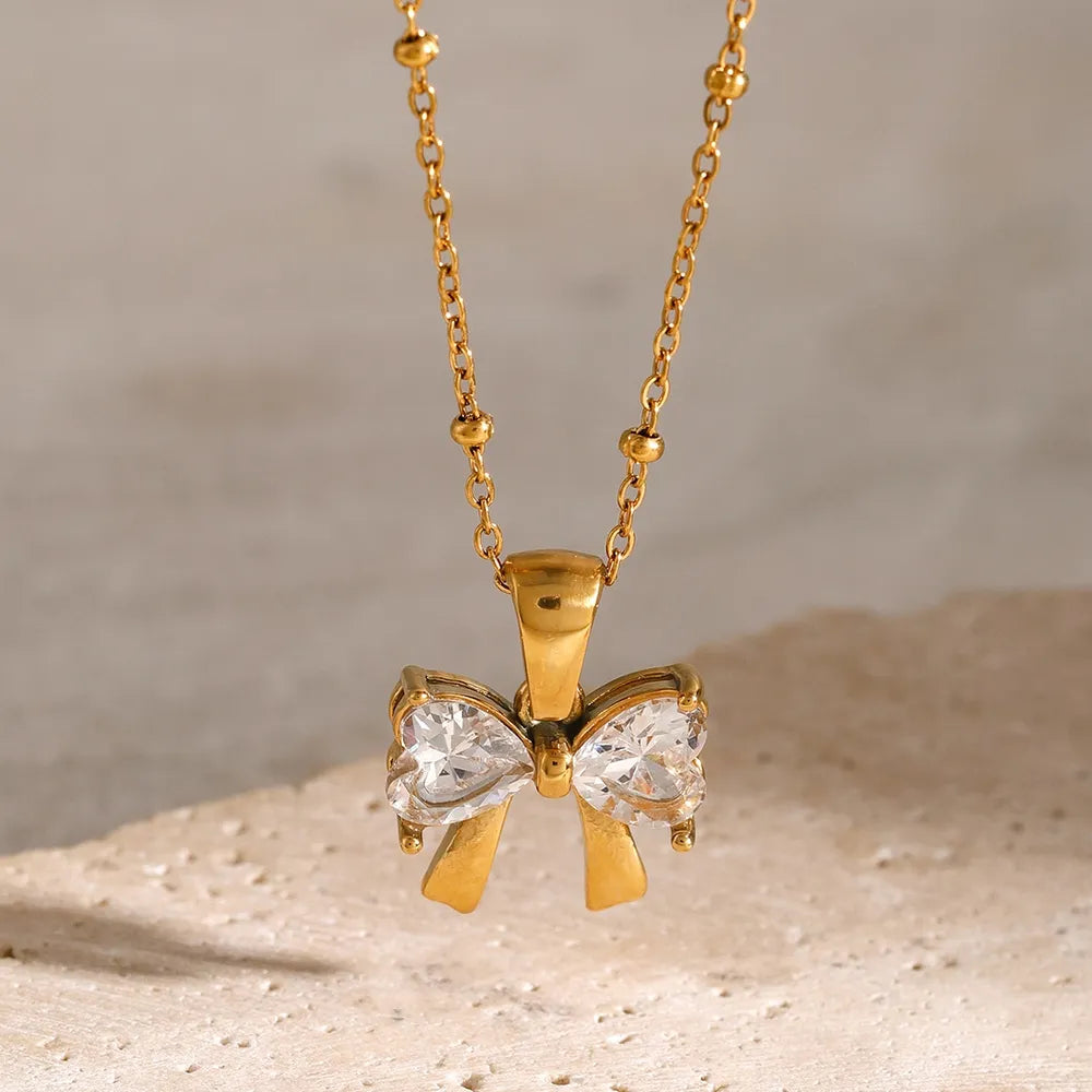 Beautiful Stainless Steel Inlaid Zircon Bow Necklace - Long Length Gold-plated w/ Lobster Clasp