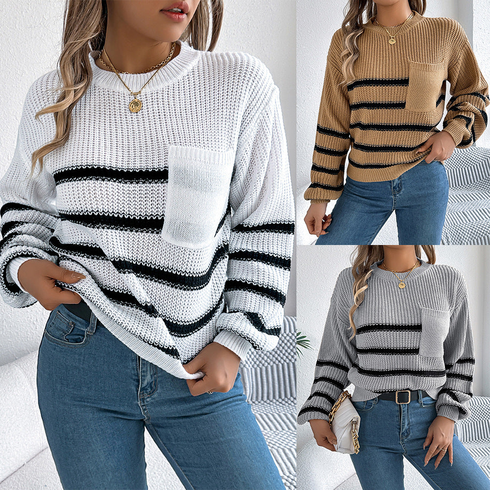 Women's Classy Striped Autumn & Winter Pullover Sweater - Casual Lantern Sleeve and Phone Pocket 🤳