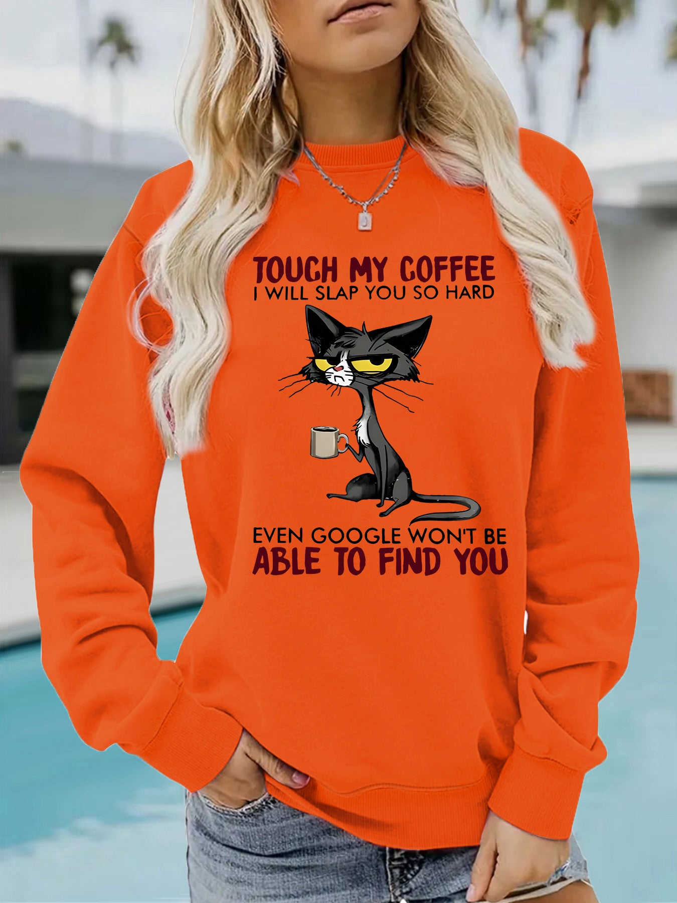Women's Seasonal Warm Casual Sweatshirt with Humorous Cat COFFEE Graphic ☕️ 😻