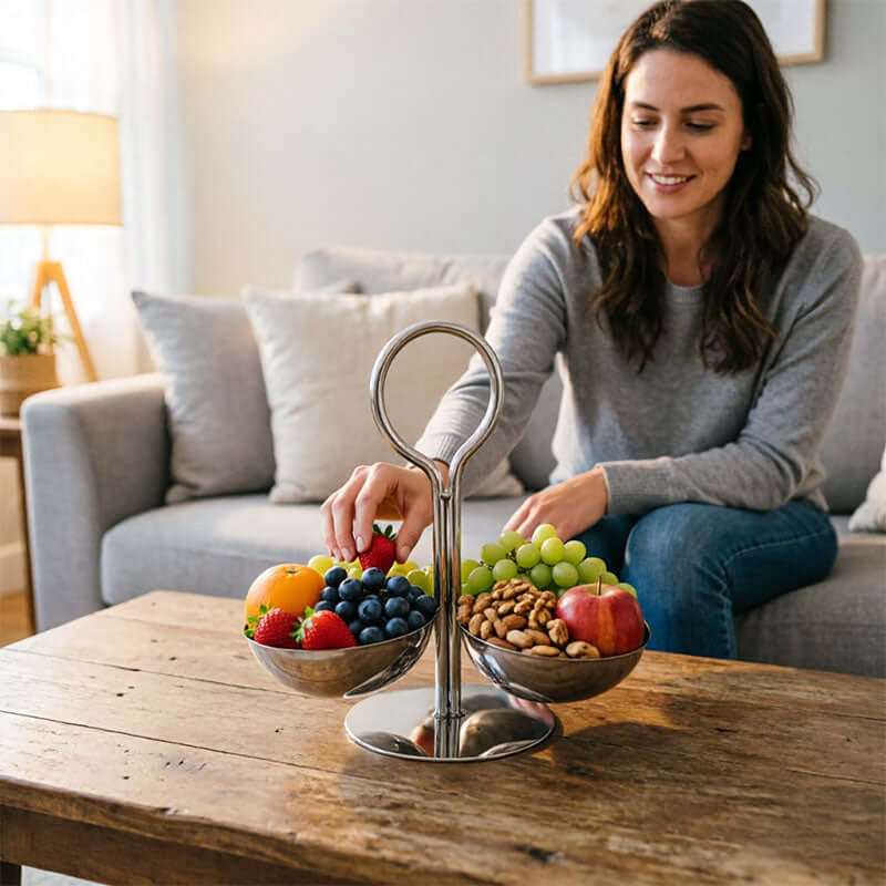 Sleek Polished Stainless Steel Condiment Display Stand with Dip Bowls - Fruit, Snacks & Chip Dip Server Set