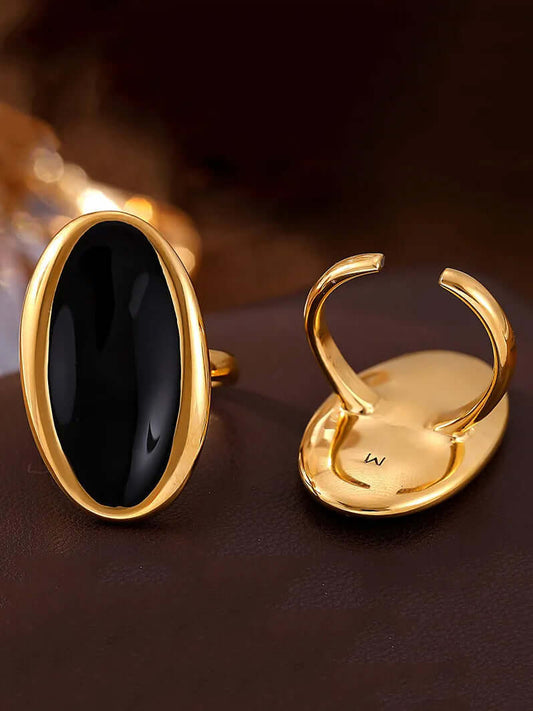 Unique Design Elliptical Open Ring - Gold or Silver with Black Stone