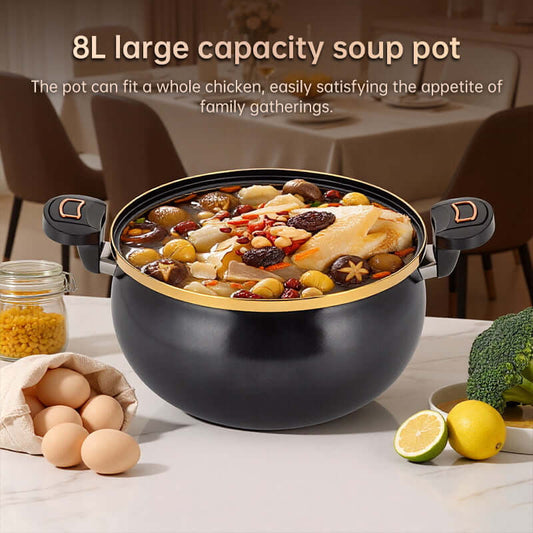 Large Black or White Modern 7L Enameled Cast Iron Soup Pot with Spoon – Heavy-Duty Pressure-Assist Stewing Pot