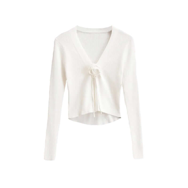 Chic Fashion Slim-fit V-neck Long Sleeve Sweater - Cute Rose Knot 🌹Bow Tie Front in 7 Color Options 🌈