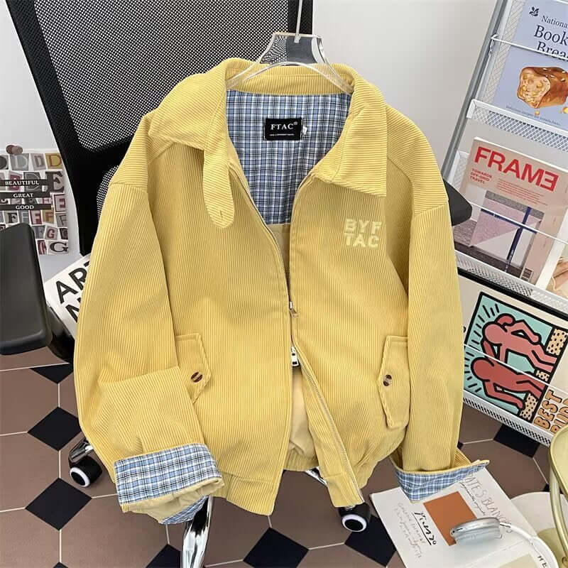 Popular Warm Corduroy Loose Fit Jacket 🧥 Unisex Colors, Fold Up Button Collar, Snug Waist & Cuffs