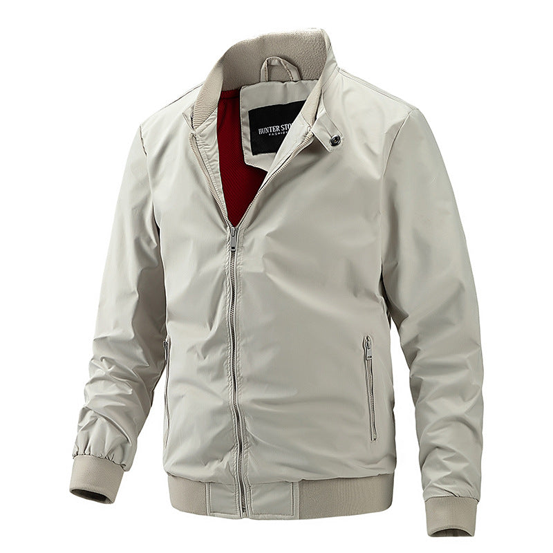 Men's Fashion Sporty Zipper Flight Jacket with Stand up Collar, Crimped Cuff and Waist