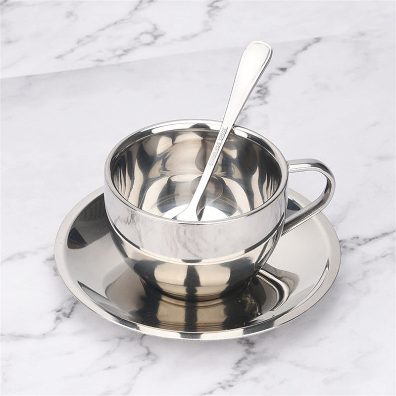 Gorgeous 304 Stainless Steel Coffee Cups 3pc. SET -  Double-deck Thermal Insulation, Mug-Plate-Spoon ☕️
