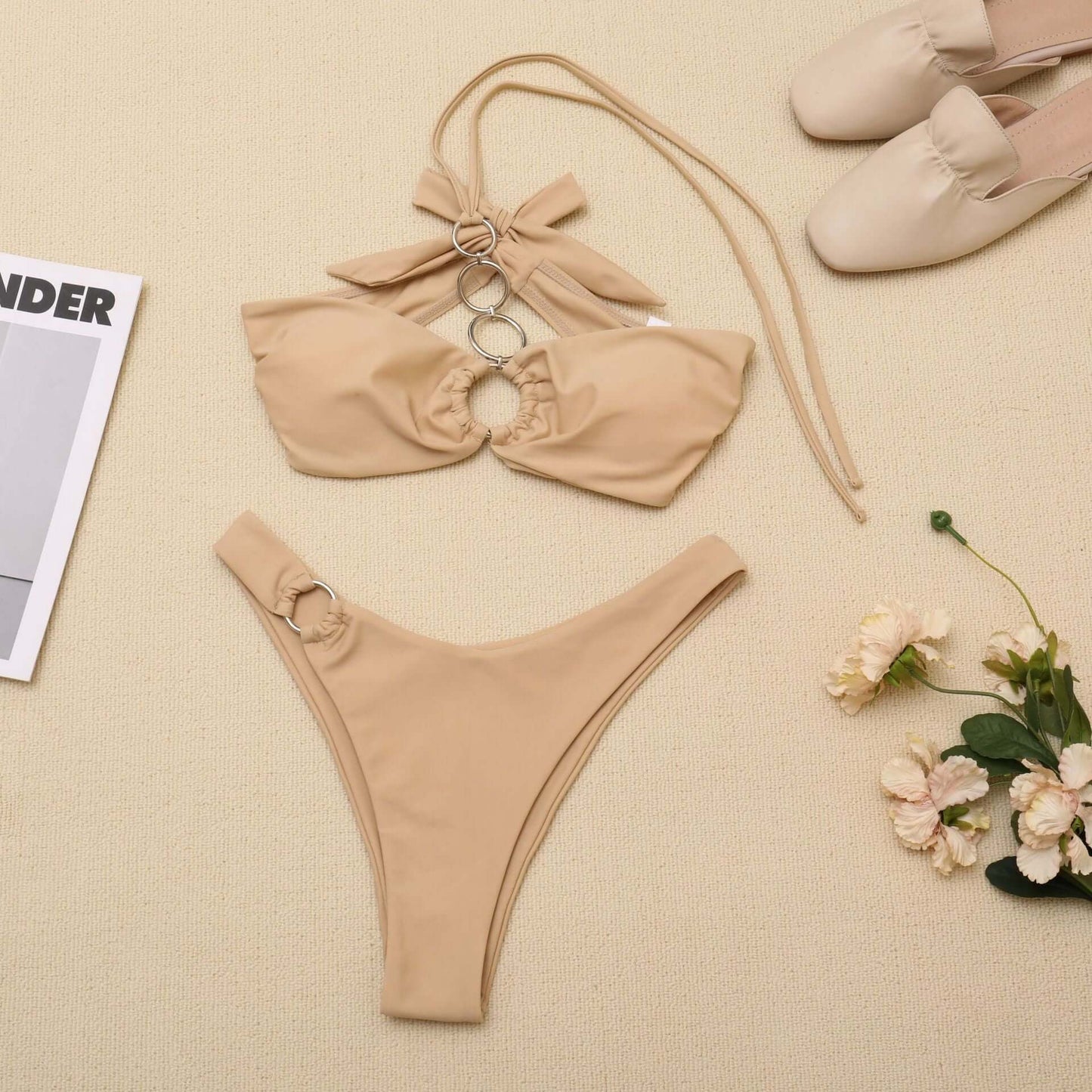 Sexy Solid Bikini in Beige or Black - 4 Steel Ring Top with High Elasticity 👙 Beach Ready ! ⛱️