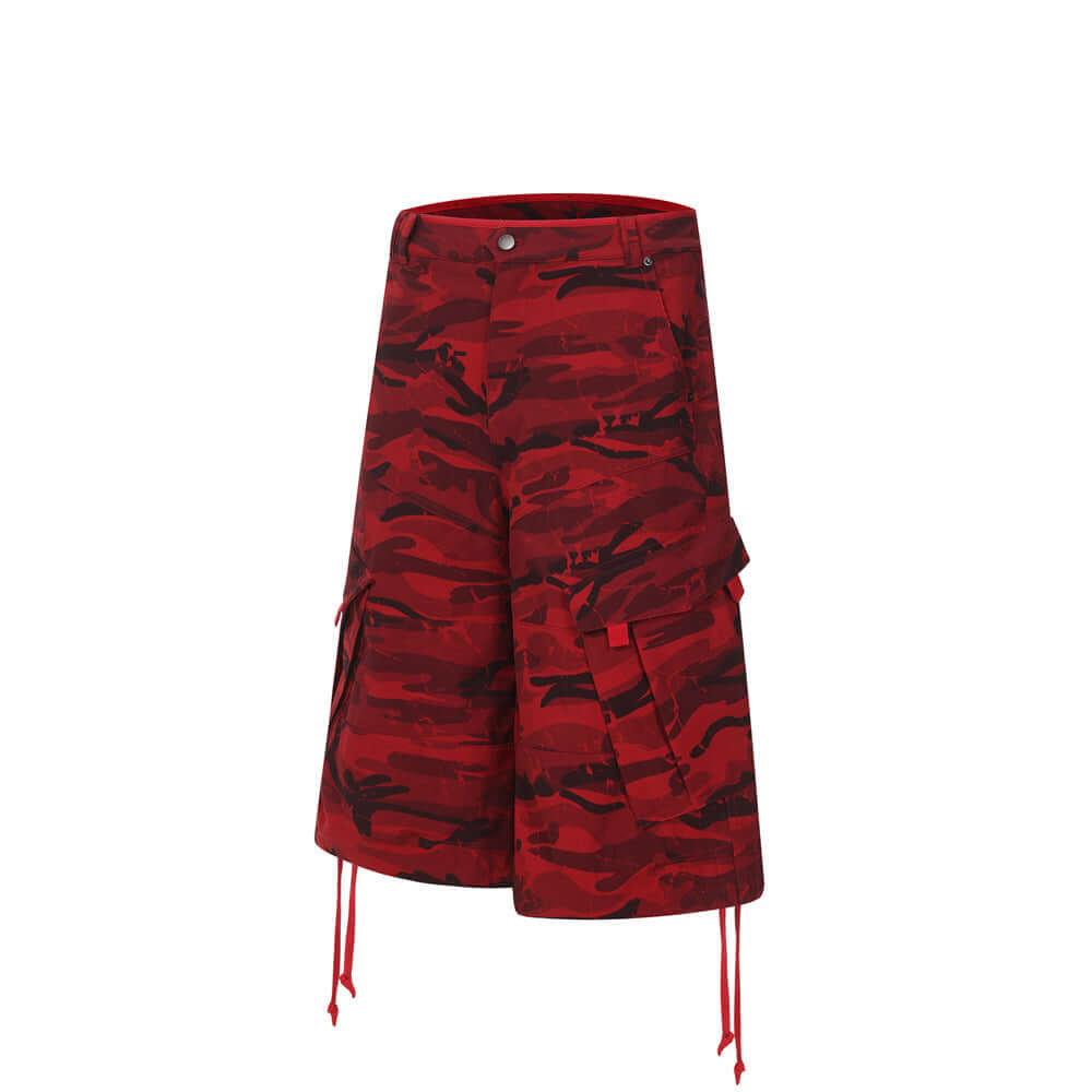 Popular Camouflage Workwear Five Quarter Pants - Unisex Trending Hip Street Fashion Red 🔴 Camouflage