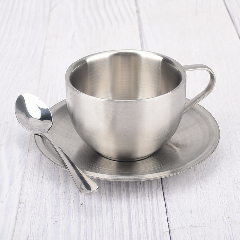 Gorgeous 304 Stainless Steel Coffee Cups 3pc. SET -  Double-deck Thermal Insulation, Mug-Plate-Spoon ☕️