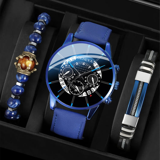 Men's GIFTABLE 🎁 Sleek Business Watch with Calendar & Three-Eye Design - Quartz Watch & Trendy Bracelet SET